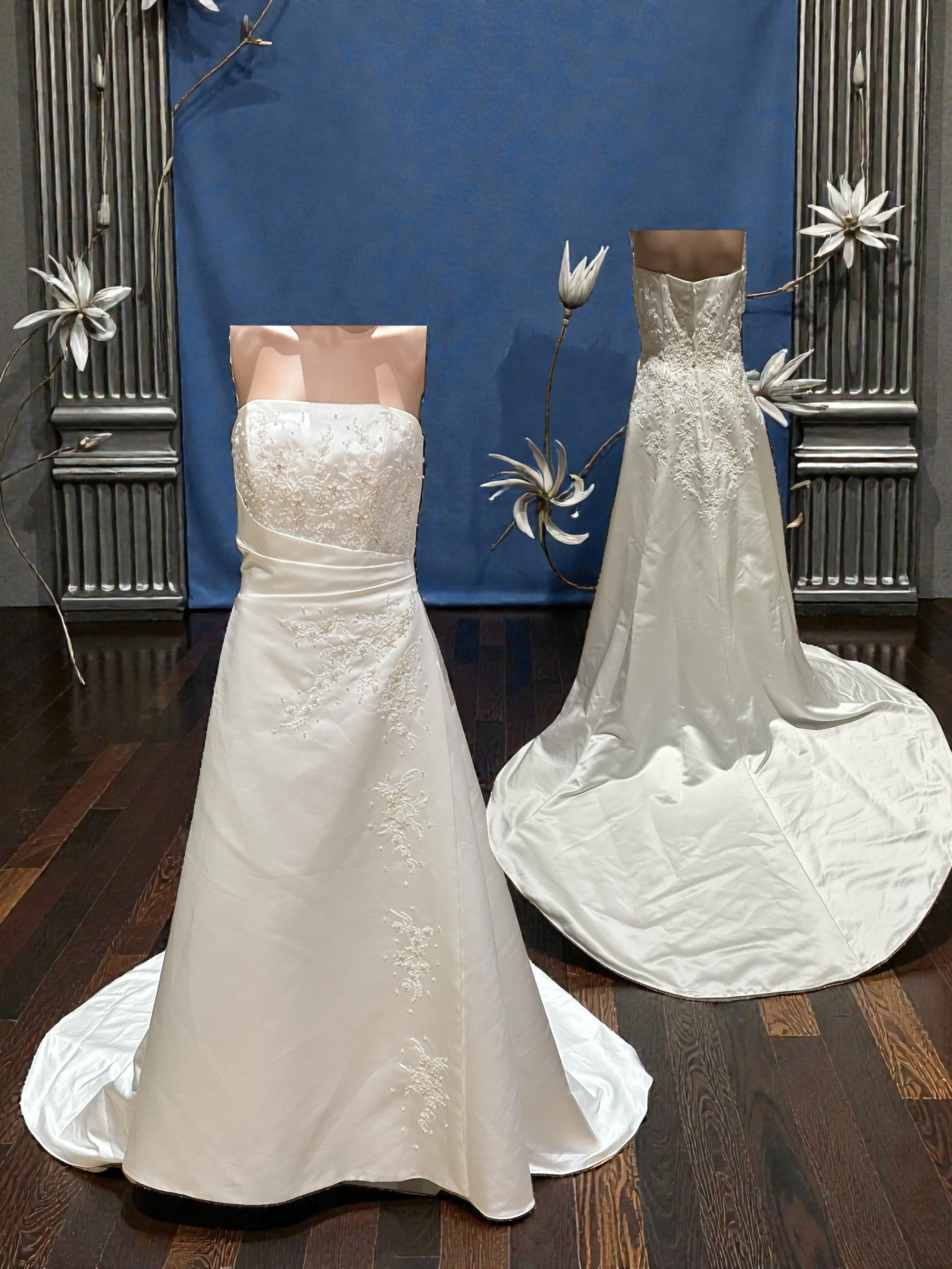 Michaelangelo Collection Ivory A-Line Satin Gown with Beading SIZE 8