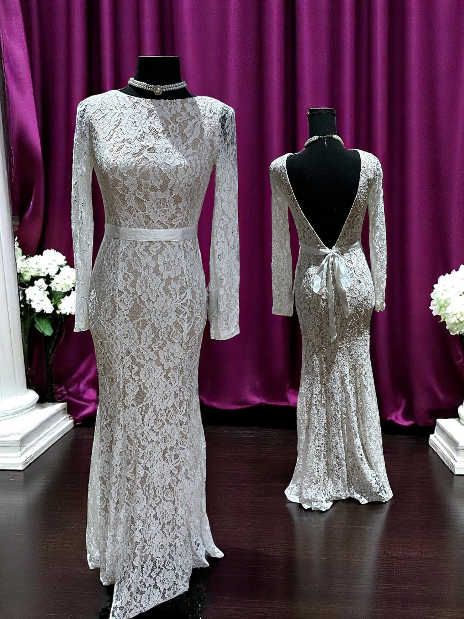 Lulus Sheath-Style Wedding Gown with Long Sleeves and Elegant Floral Lace Accents/ SIZE 2