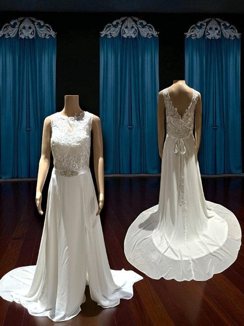 A-line Gown with Beautiful Slit with High Lace Neckline and V-Neck Back with Lace SIZE 6