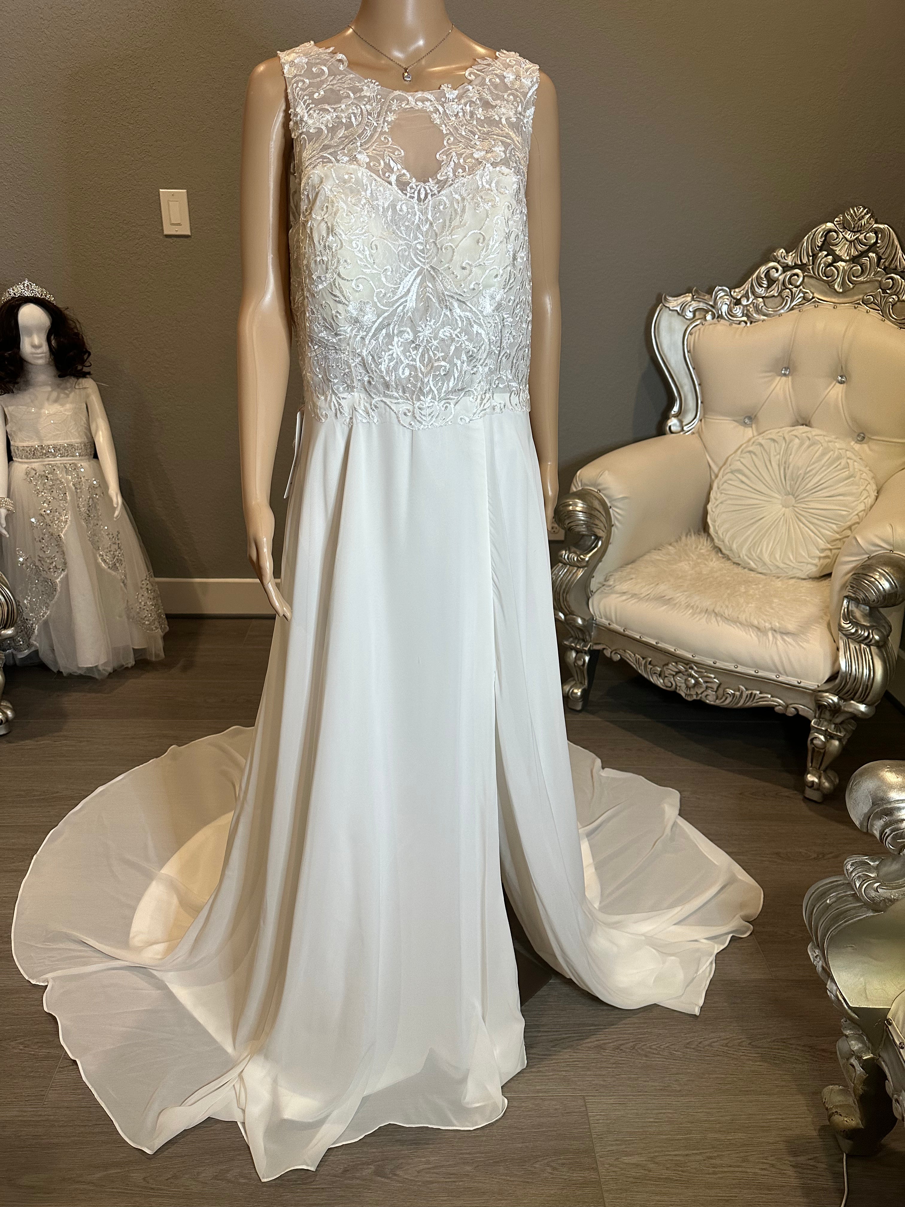 A-line Gown with Beautiful Slit with High Lace Neckline and V-Neck Back with Lace SIZE 6