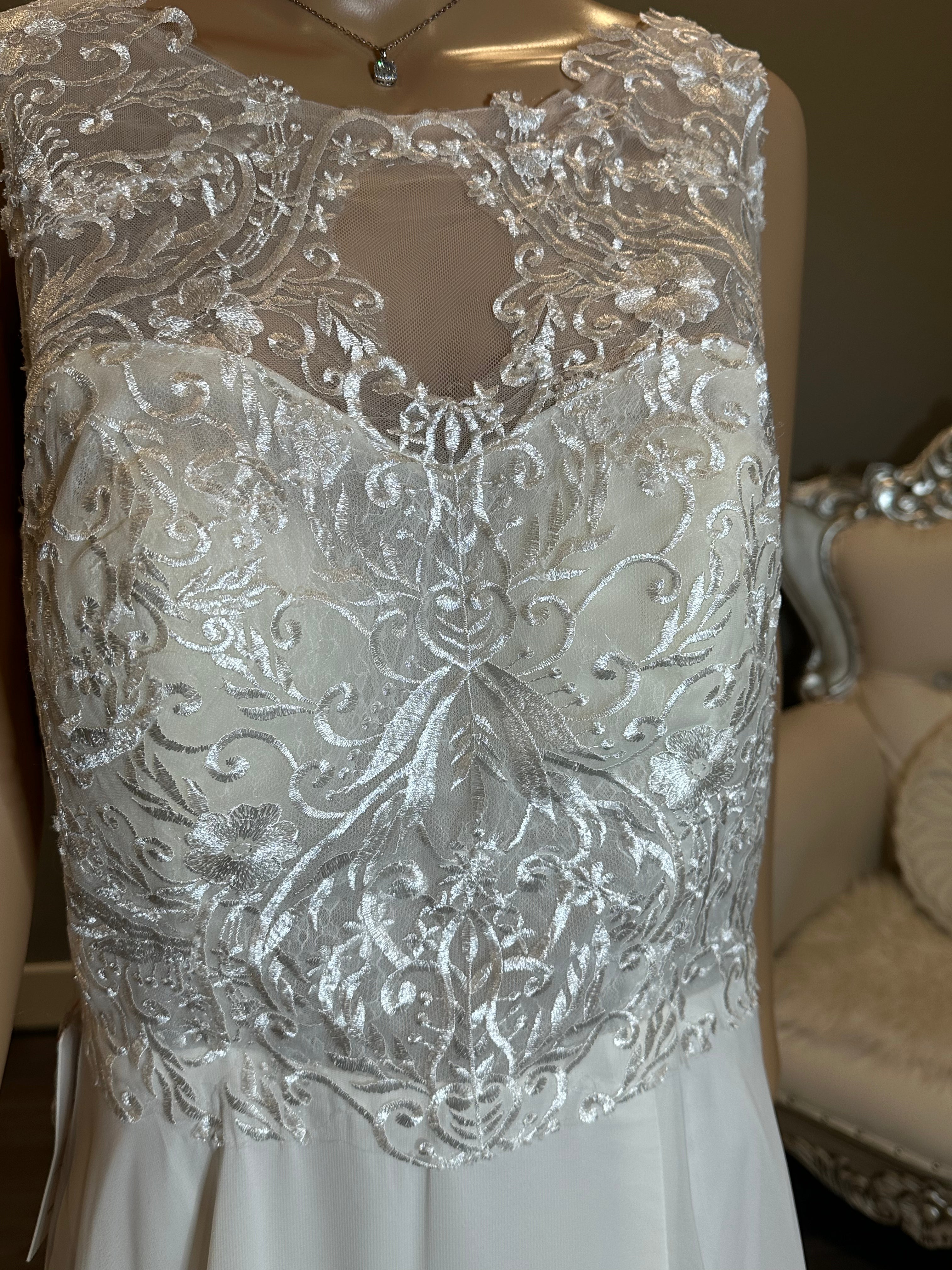 A-line Gown with Beautiful Slit with High Lace Neckline and V-Neck Back with Lace SIZE 6