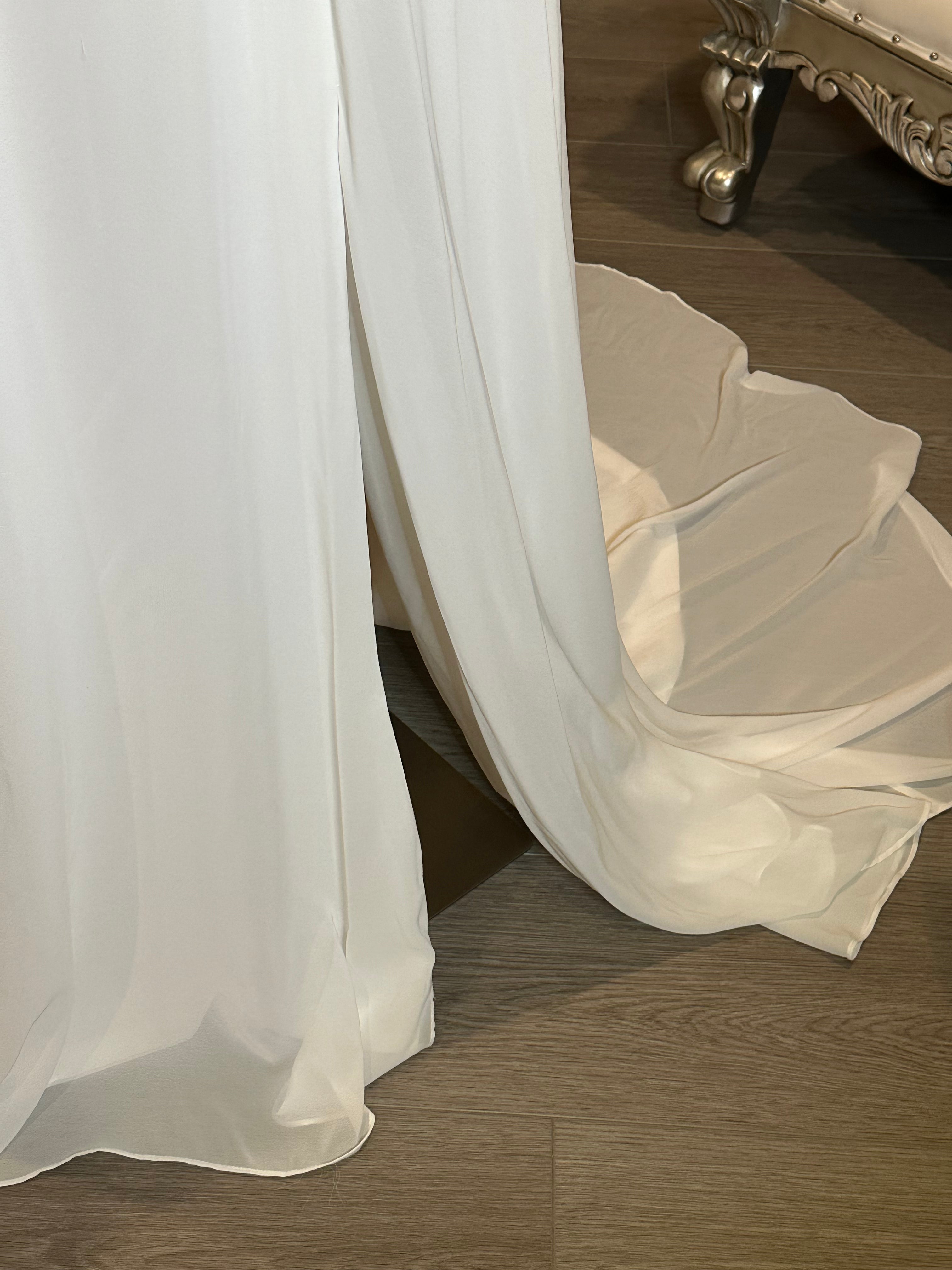 A-line Gown with Beautiful Slit with High Lace Neckline and V-Neck Back with Lace SIZE 6