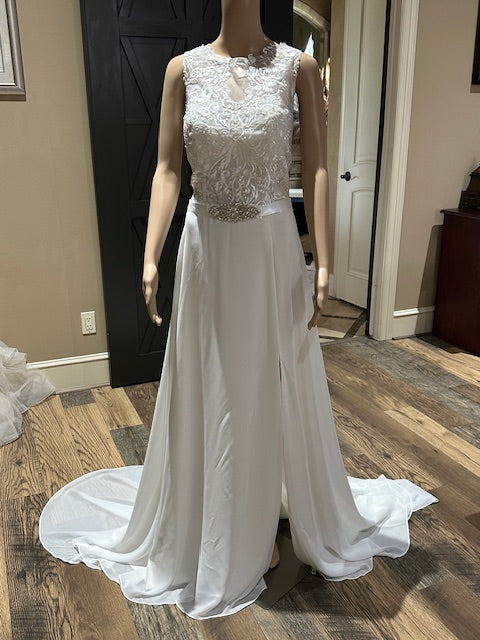 A-line Gown with Beautiful Slit with High Lace Neckline and V-Neck Back with Lace SIZE 6