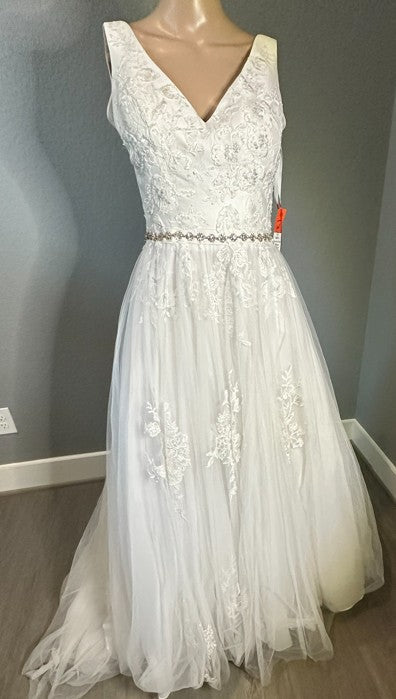 Mikado A-Line Wedding Gown with V-Neck and Crystal Belt/ SIZE 4