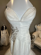 Simone Carvalli Elegant Mermaid Wedding Dress with Beaded Ruched Bodice & Tulle Skirt Train SIZE 12