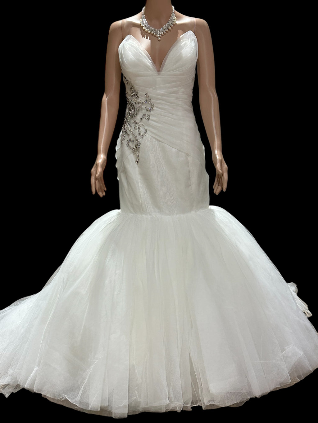 Simone Carvalli Elegant Mermaid Wedding Dress with Beaded Ruched Bodice & Tulle Skirt Train SIZE 12