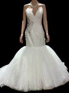 Simone Carvalli Elegant Mermaid Wedding Dress with Beaded Ruched Bodice & Tulle Skirt Train SIZE 12
