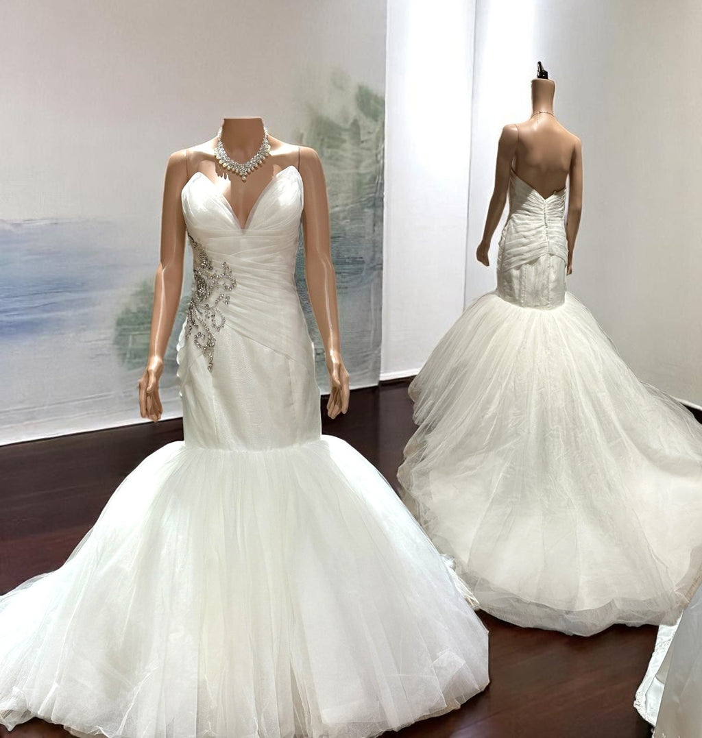 Simone Carvalli Elegant Mermaid Wedding Dress with Beaded Ruched Bodice & Tulle Skirt Train SIZE 12