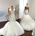 Simone Carvalli Elegant Mermaid Wedding Dress with Beaded Ruched Bodice & Tulle Skirt Train SIZE 12
