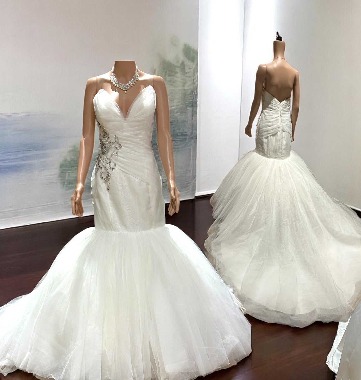 Simone Carvalli Elegant Mermaid Wedding Dress with Beaded Ruched Bodice & Tulle Skirt Train SIZE 12