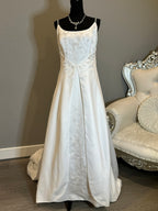 Emme Bridal Satin A-Line Wedding Dress w/ Spaghetti Straps, Corset Back & Embroidery SIZE 14