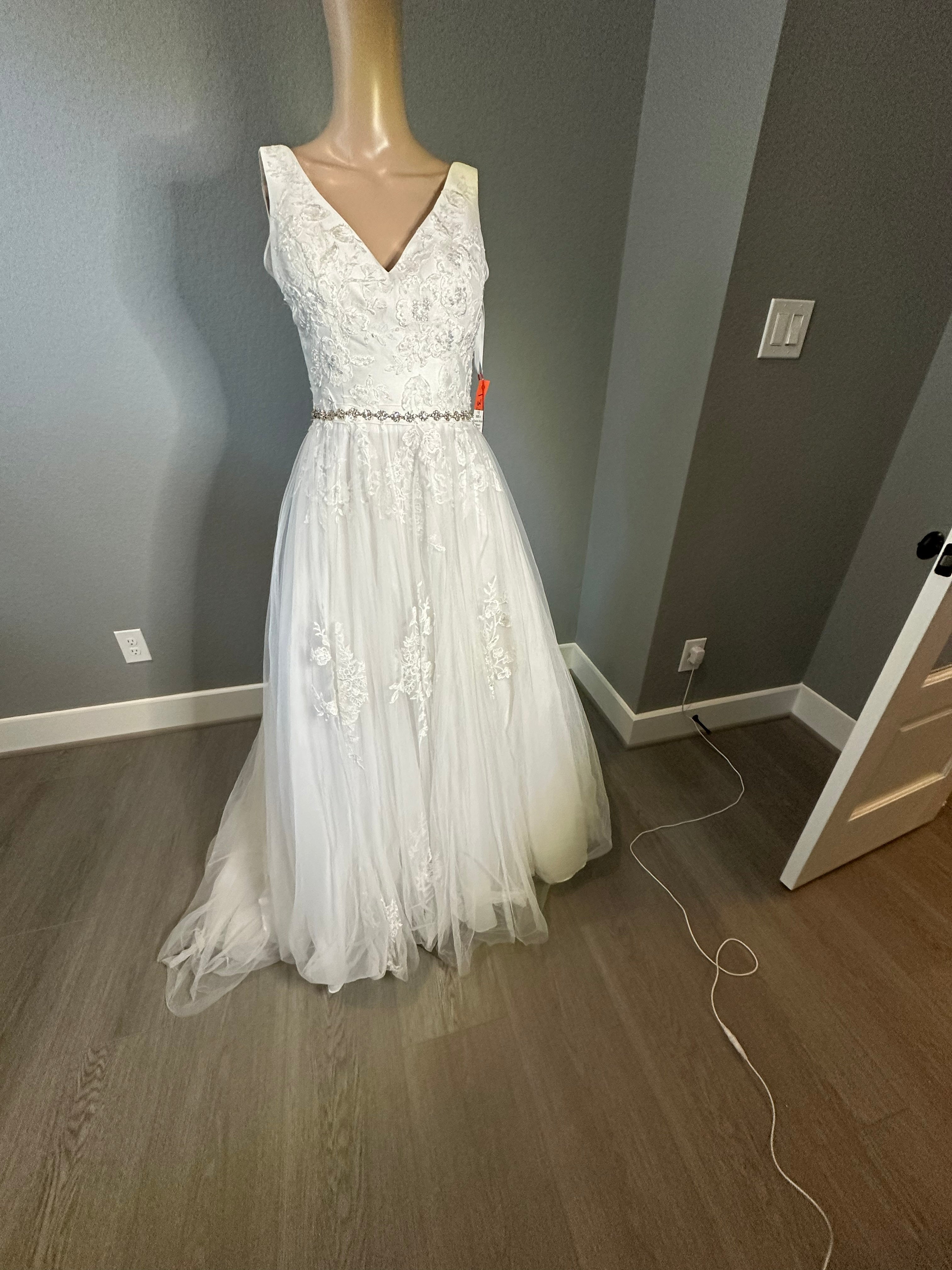Mikado A-Line Wedding Gown with V-Neck and Crystal Belt/ SIZE 4