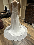A-line Gown with Beautiful Slit with High Lace Neckline and V-Neck Back with Lace SIZE 6