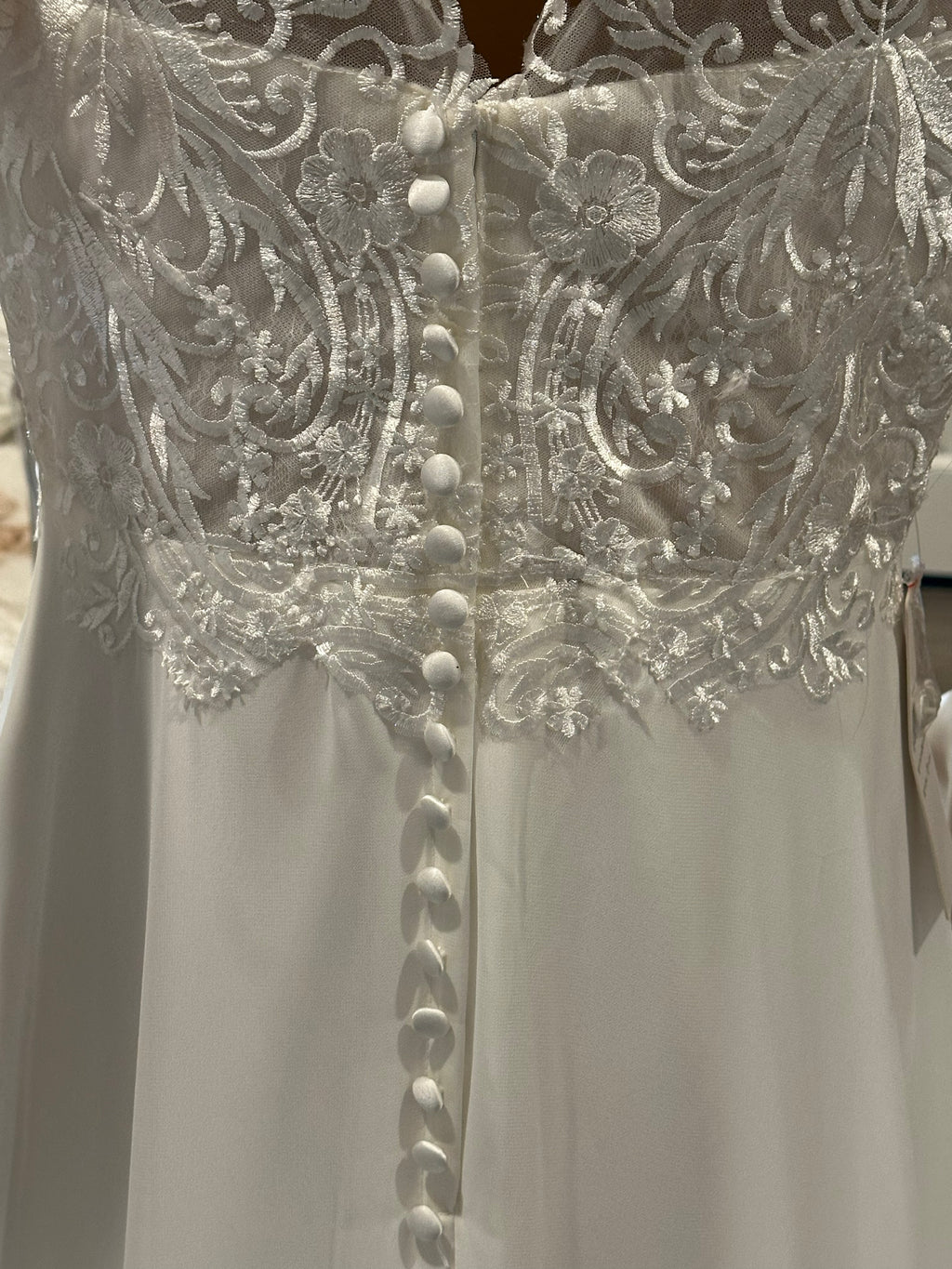 A-line Gown with Beautiful Slit with High Lace Neckline and V-Neck Back with Lace SIZE 6
