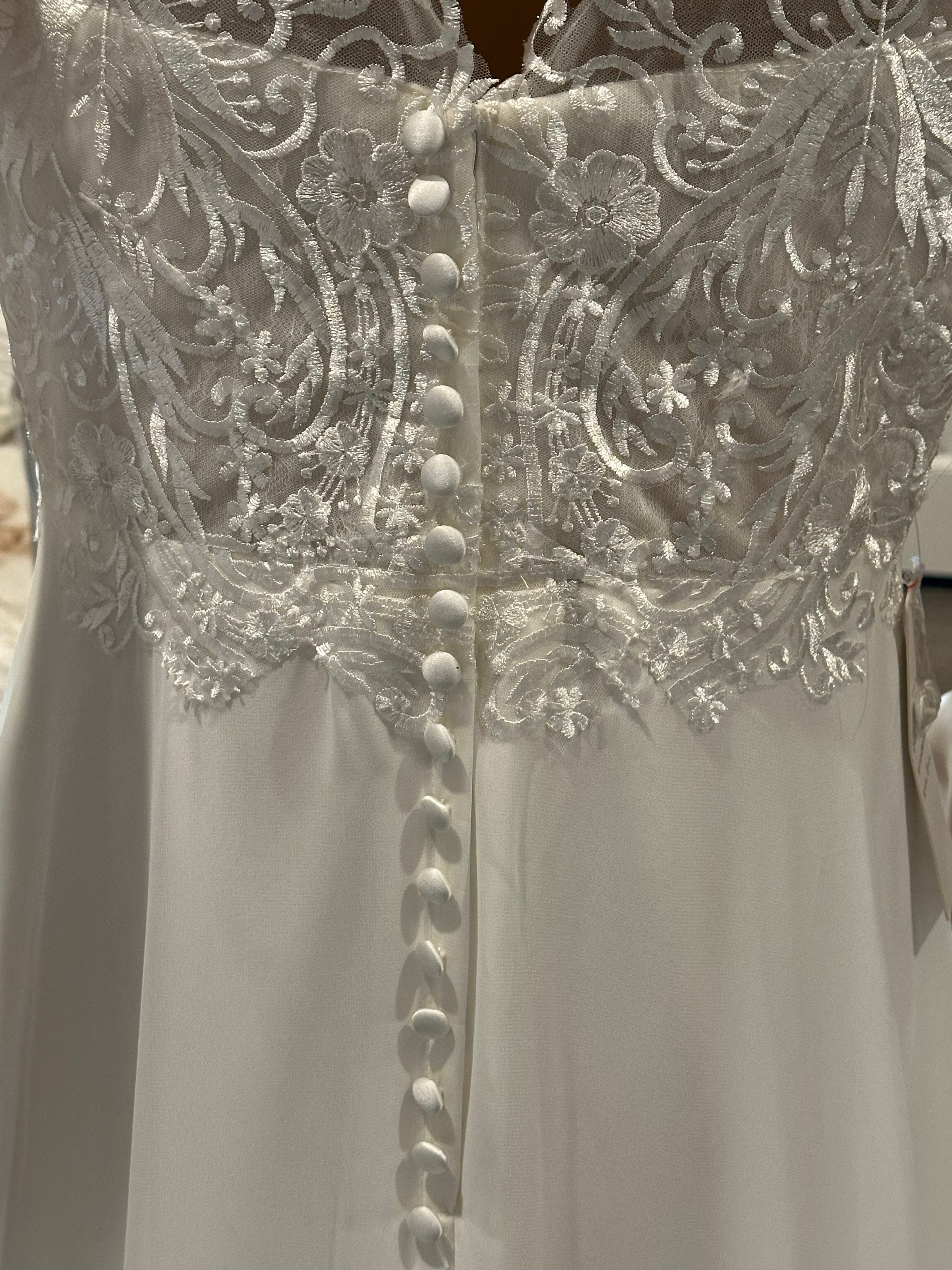 A-line Gown with Beautiful Slit with High Lace Neckline and V-Neck Back with Lace SIZE 6