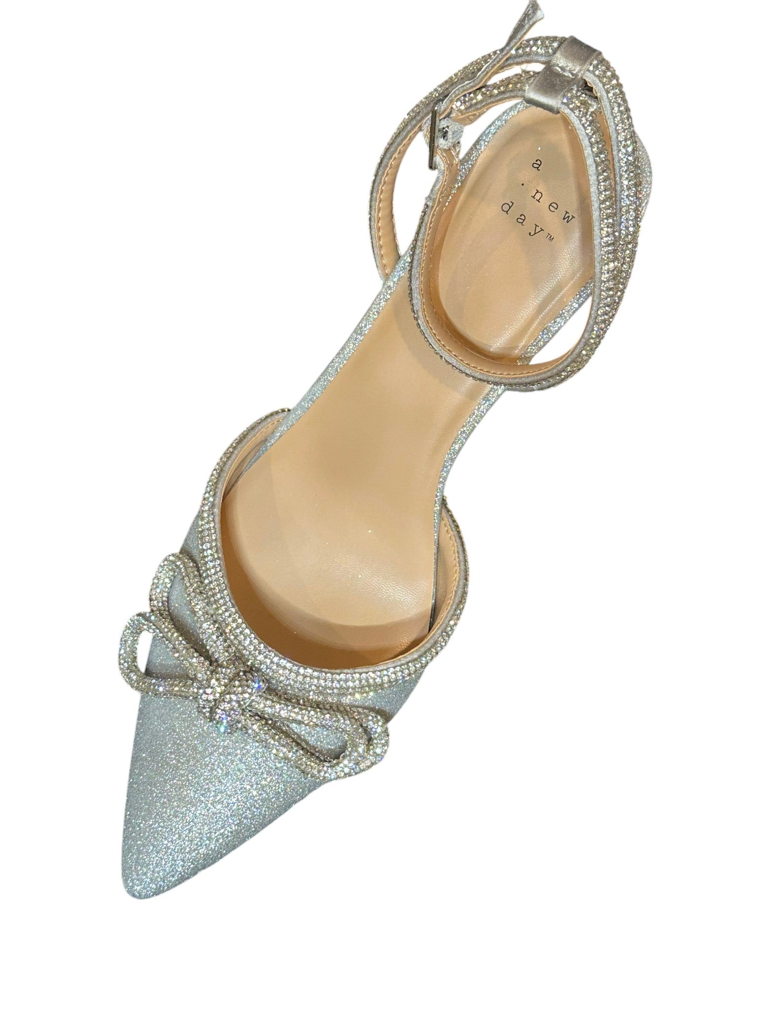 A New Day Silver Rhinestone Bow Heels – Pointed Toe Ankle Strap Pumps- SIZE 10