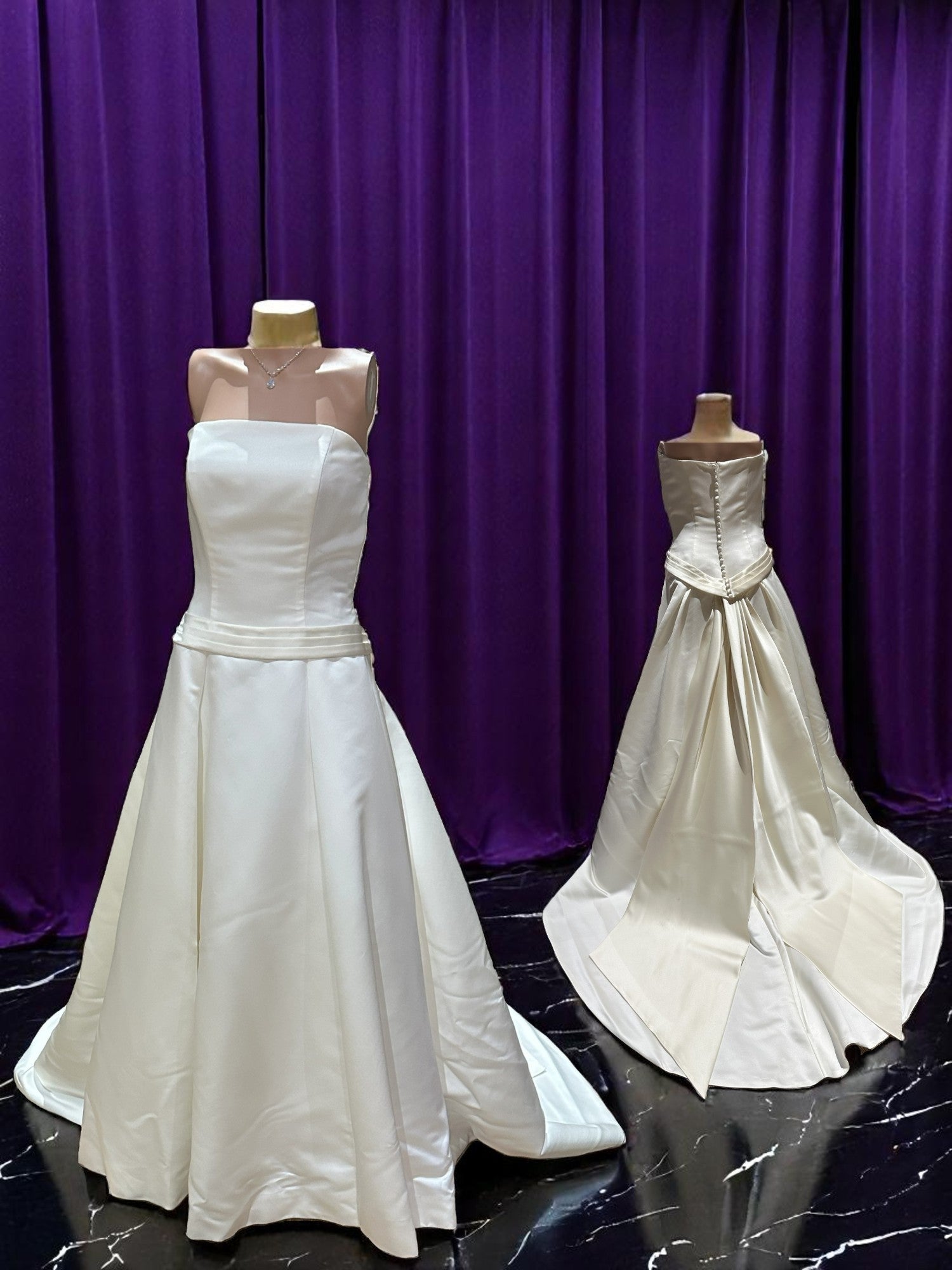 Alfred Angelo Satin A-Line Wedding Dress – Strapless Gown with Button Detail & Chapel Train SIZE 8
