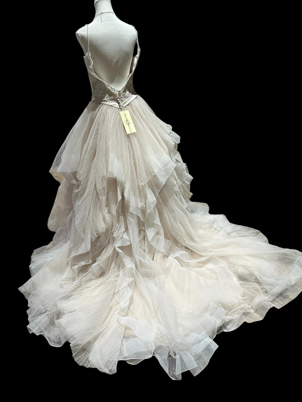 Allure Bridals Beaded Lace Wedding Dress with Tiered Tulle Skirt & Open Back SIZE 10