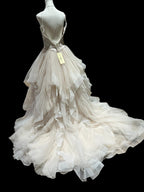 Allure Bridals Beaded Lace Wedding Dress with Tiered Tulle Skirt & Open Back SIZE 10