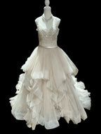 Allure Bridals Beaded Lace Wedding Dress with Tiered Tulle Skirt & Open Back SIZE 10
