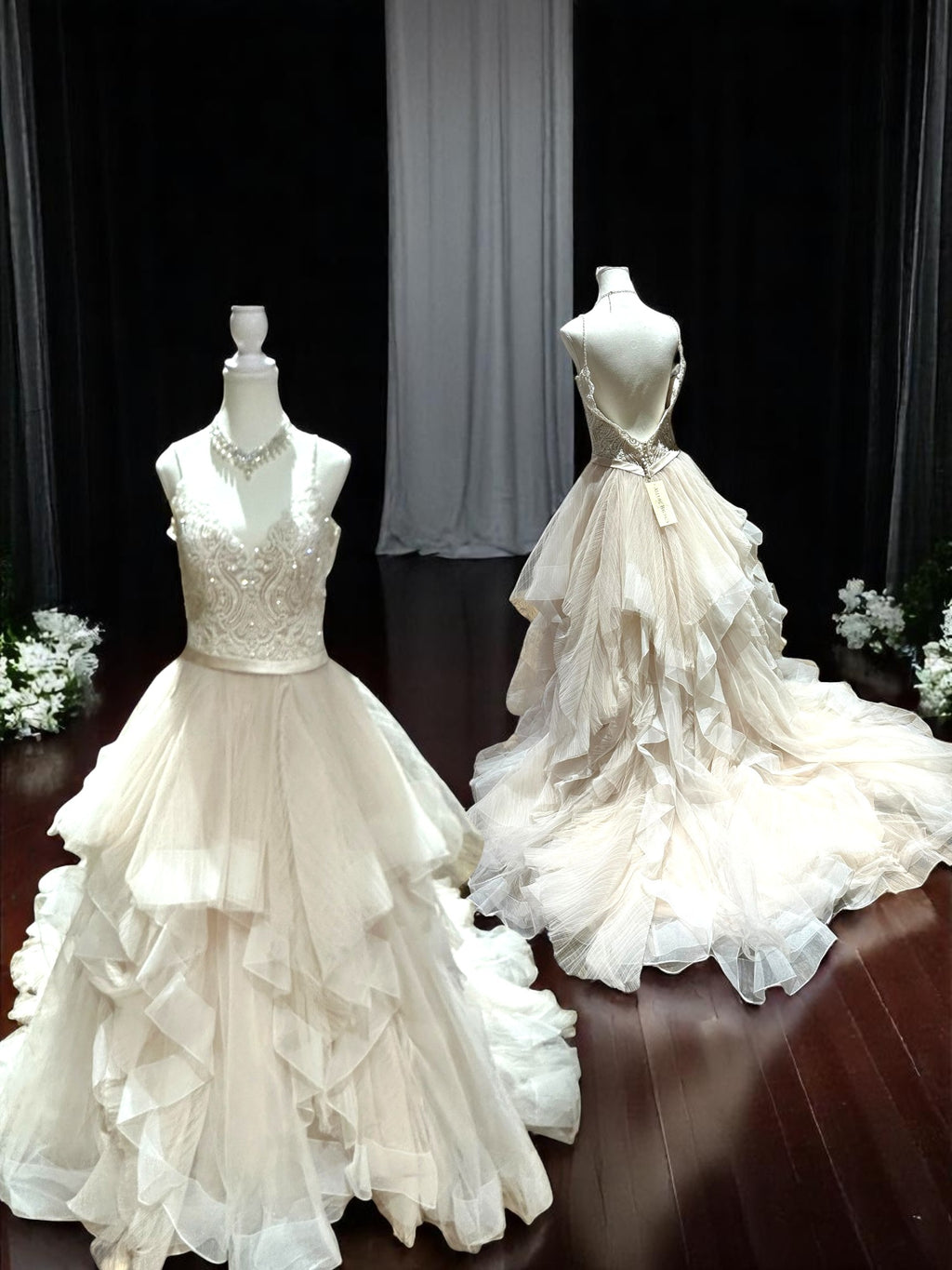 Allure Bridals Beaded Lace Wedding Dress with Tiered Tulle Skirt & Open Back SIZE 10
