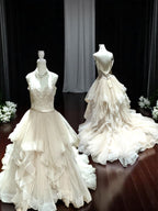 Allure Bridals Beaded Lace Wedding Dress with Tiered Tulle Skirt & Open Back SIZE 10