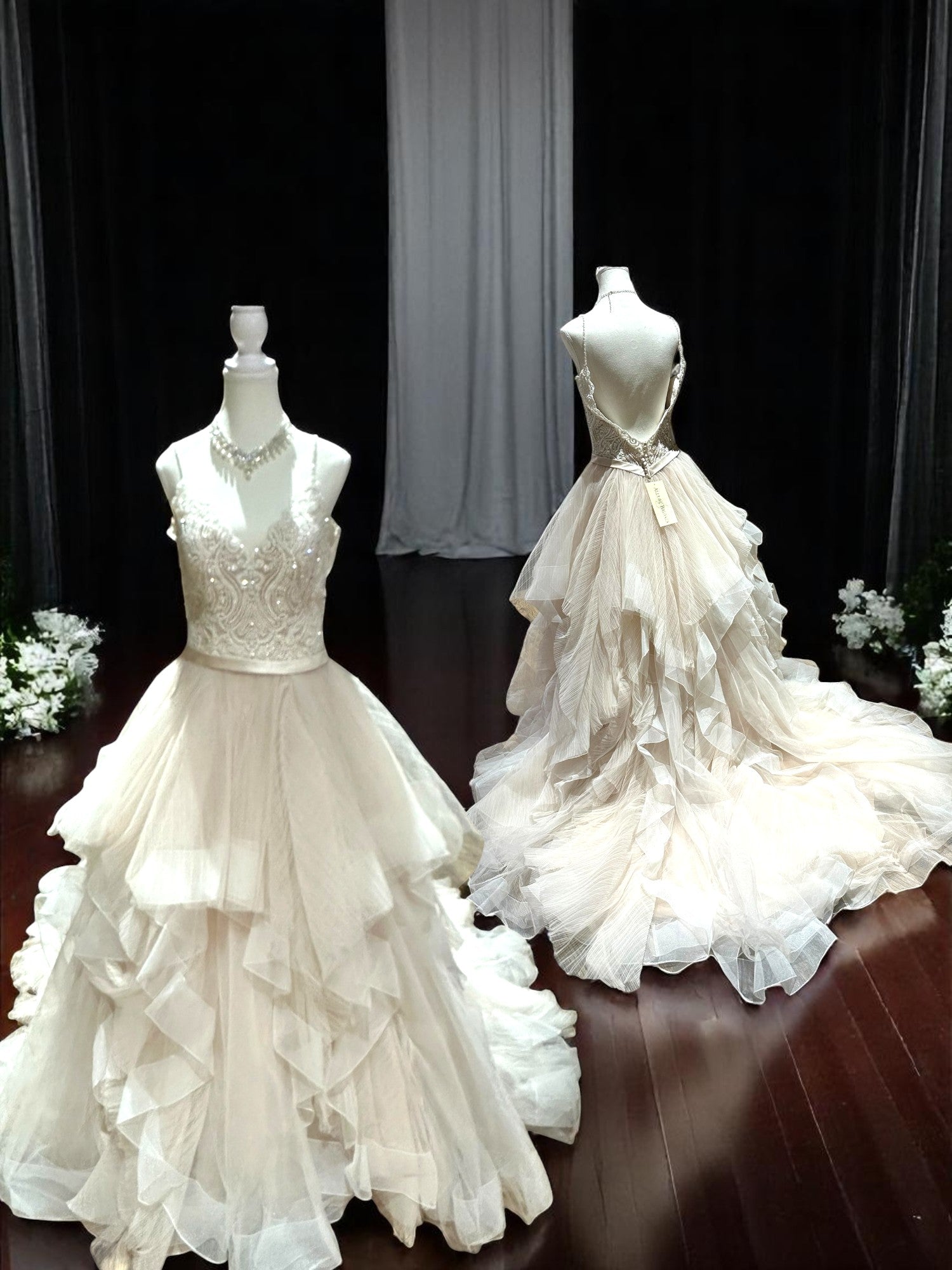 Allure Bridals Beaded Lace Wedding Dress with Tiered Tulle Skirt & Open Back SIZE 10