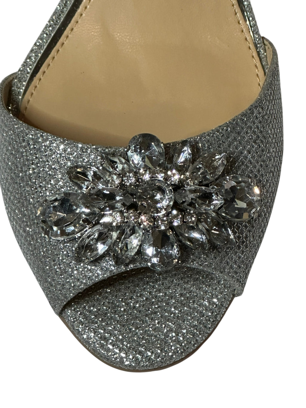 Jewel Badgley Mischka Crystal Bridal Heels– Silver Glitter Open Toe Wedding Shoes- SIZE 7.5
