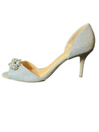 Jewel Badgley Mischka Crystal Bridal Heels– Silver Glitter Open Toe Wedding Shoes- SIZE 7.5