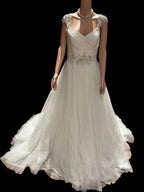 Blue by Enzoani Halifax A-Line Tulle Wedding Dress w/ Beaded Cap Sleeves & Open Back SIZE 8