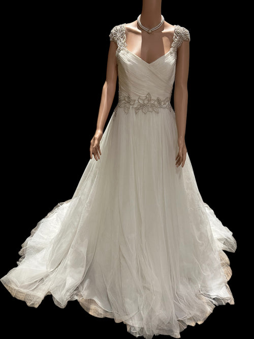 Blue by Enzoani Halifax A-Line Tulle Wedding Dress w/ Beaded Cap Sleeves & Open Back SIZE 8