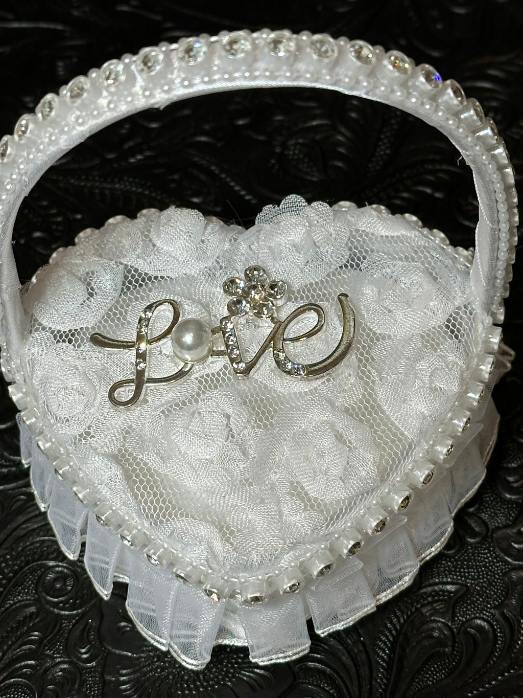 Heart-Shaped Wedding Ring Holder Box with Rhinestone “Love” Design