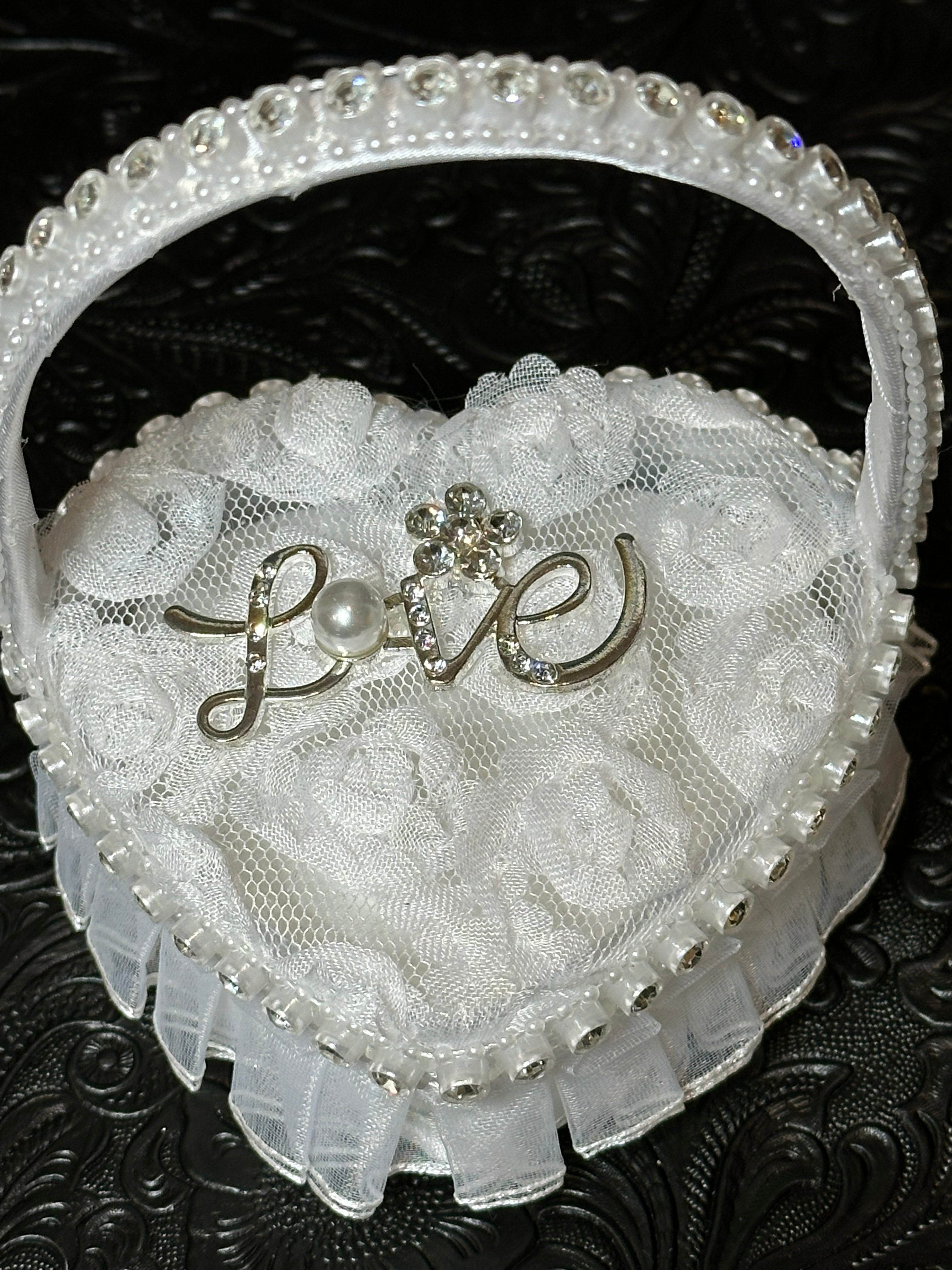 Heart-Shaped Wedding Ring Holder Box with Rhinestone “Love” Design