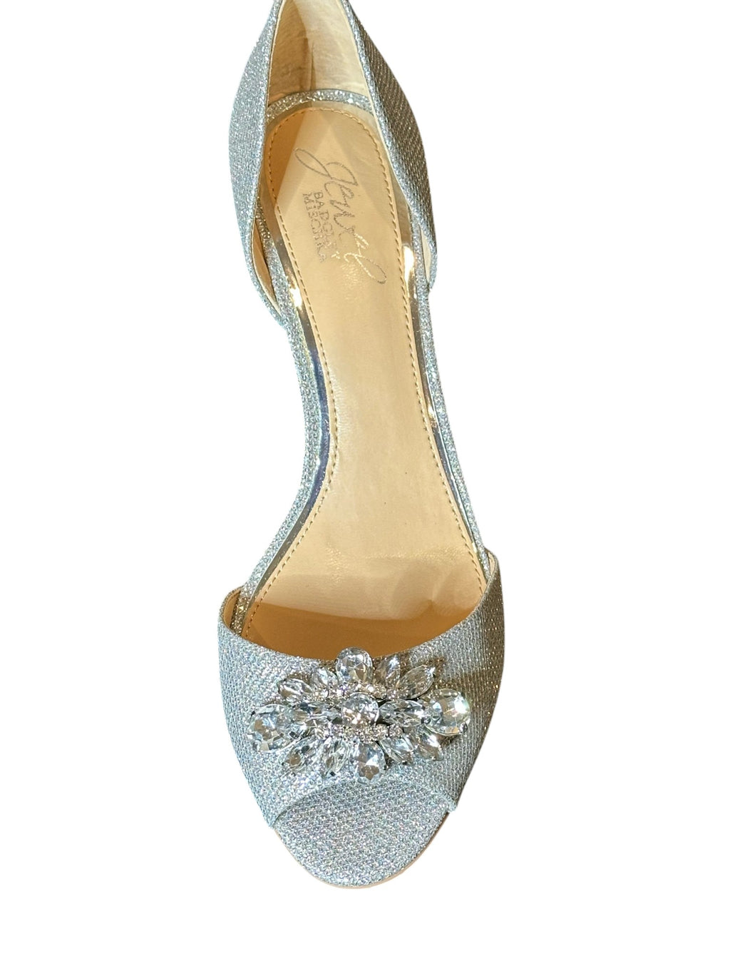 Jewel Badgley Mischka Crystal Bridal Heels– Silver Glitter Open Toe Wedding Shoes- SIZE 7.5