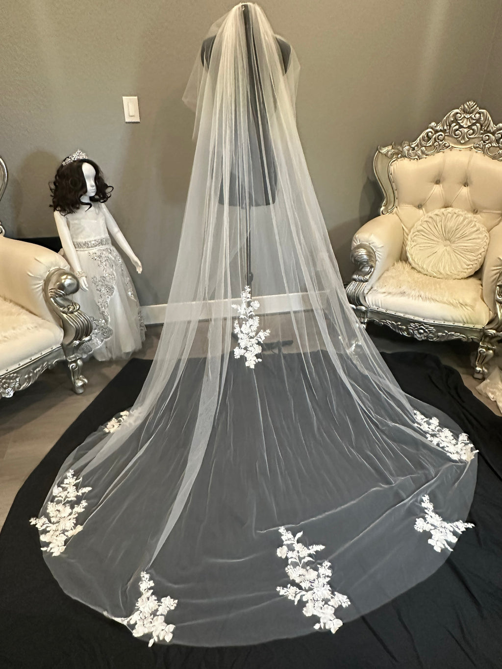 Cathedral Wedding Veil with Blusher – Lace Appliqué Bridal Veil, Soft Tulle Long Train