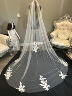 Cathedral Wedding Veil with Blusher – Lace Appliqué Bridal Veil, Soft Tulle Long Train