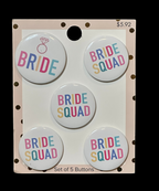 Bride & Bride Squad Button Pin Set – 5 Piece Bridal Party Badge Set