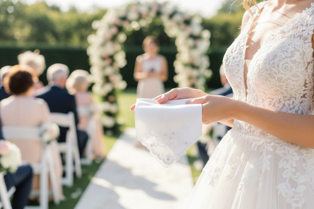 Bride Embroidered Wedding Handkerchief with Rhinestone Floral Design