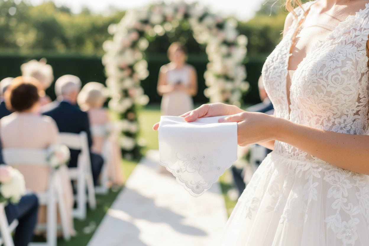 Bride Embroidered Wedding Handkerchief with Rhinestone Floral Design