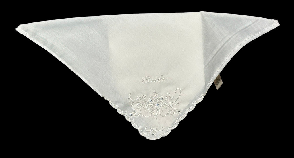 Bride Embroidered Wedding Handkerchief with Rhinestone Floral Design