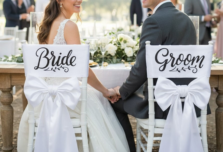 “Bride & Groom” Satin Wedding Chair Sash Set