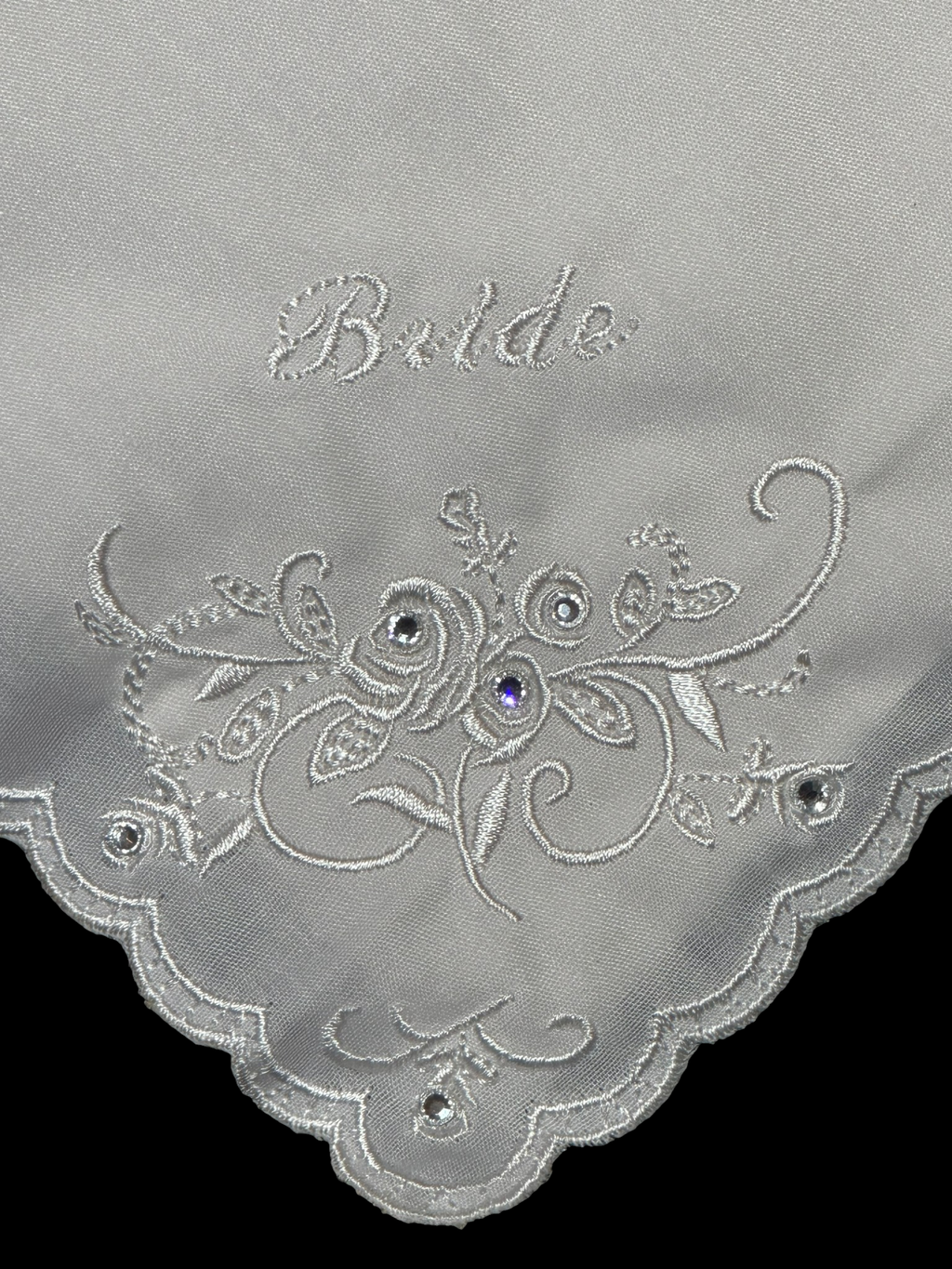 Bride Embroidered Wedding Handkerchief with Rhinestone Floral Design