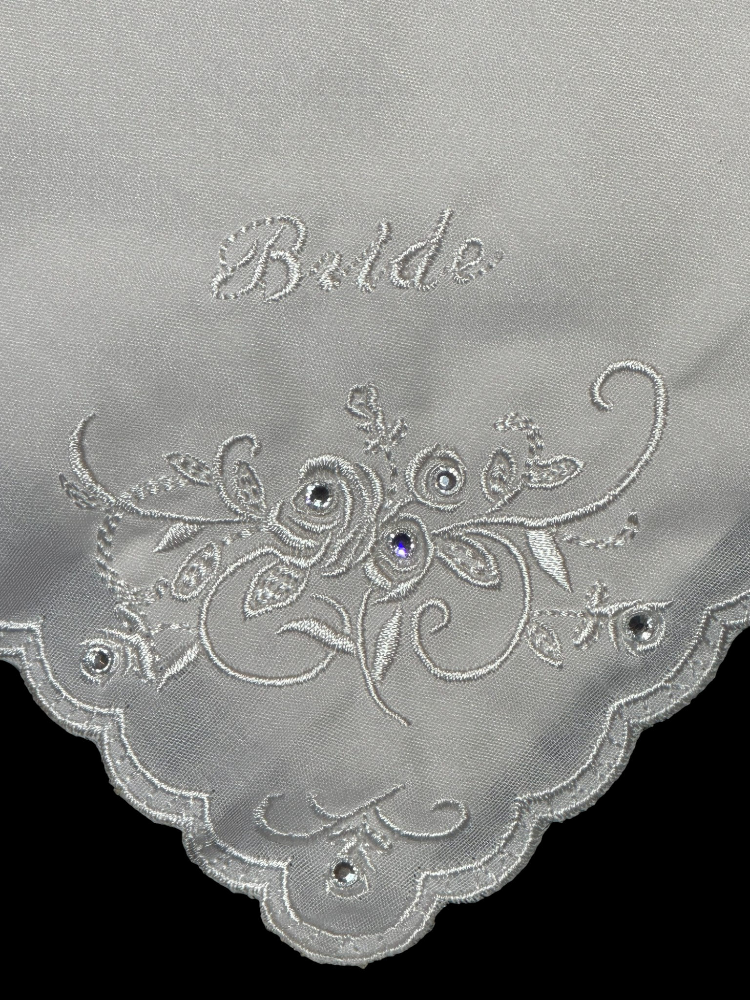 Bride Embroidered Wedding Handkerchief with Rhinestone Floral Design