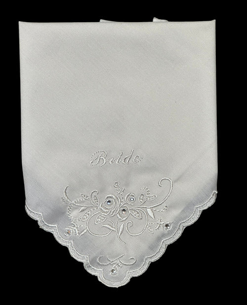 Bride Embroidered Wedding Handkerchief with Rhinestone Floral Design