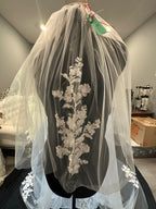 Cathedral Wedding Veil with Blusher – Lace Appliqué Bridal Veil, Soft Tulle Long Train