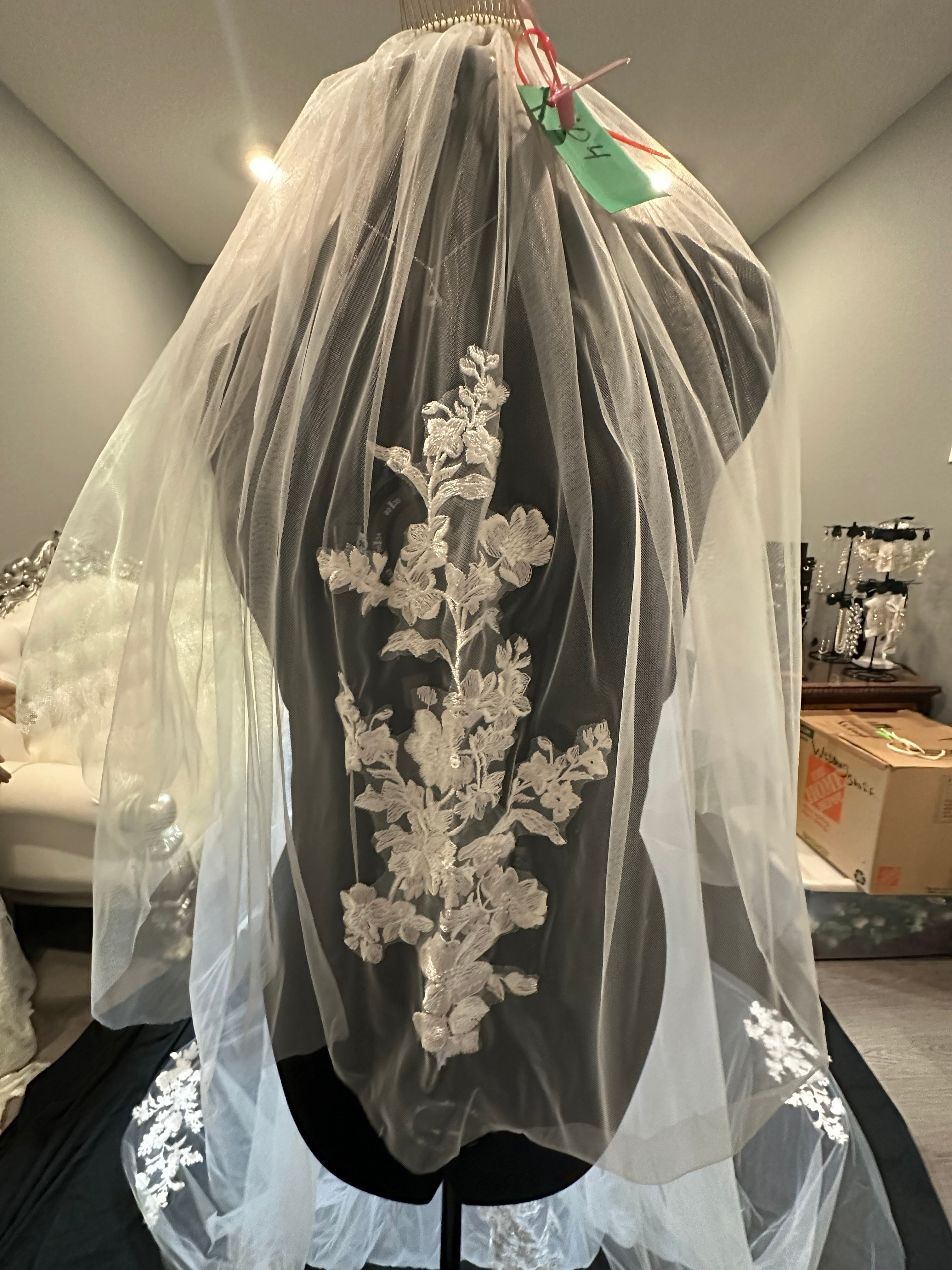 Cathedral Wedding Veil with Blusher – Lace Appliqué Bridal Veil, Soft Tulle Long Train