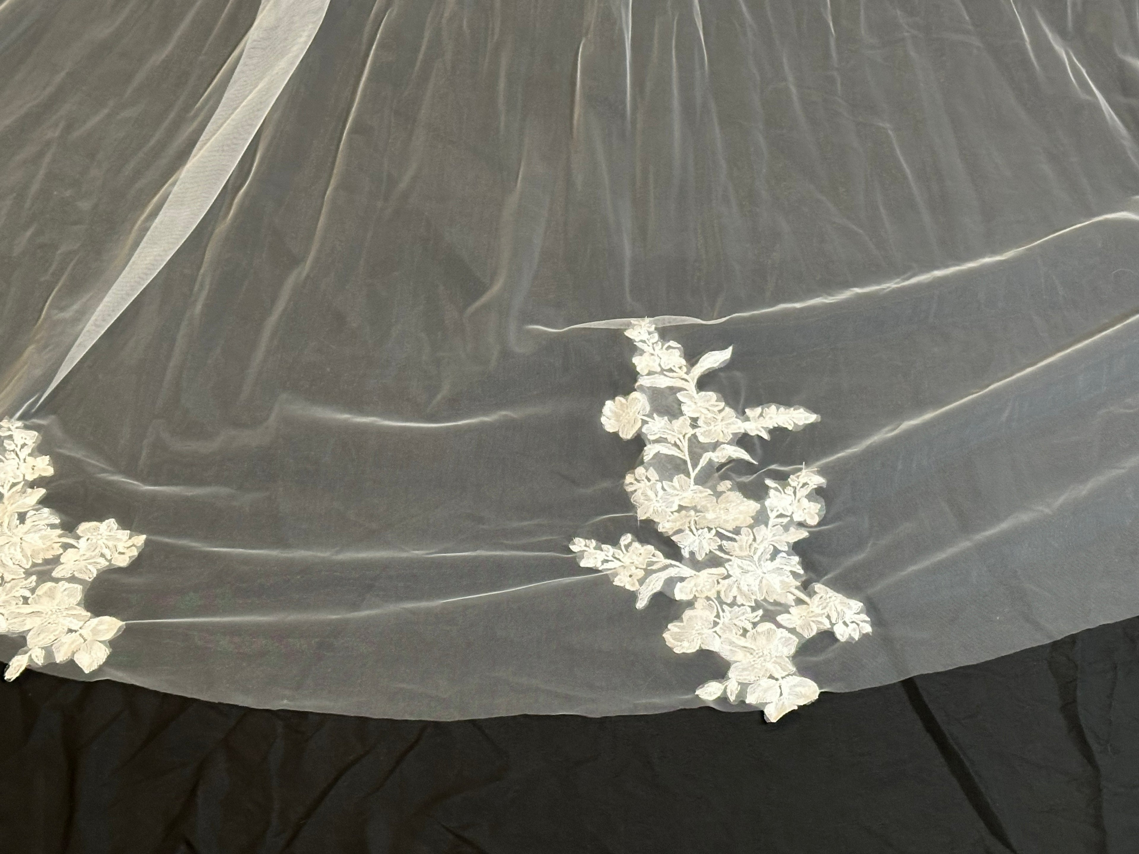 Cathedral Wedding Veil with Blusher – Lace Appliqué Bridal Veil, Soft Tulle Long Train