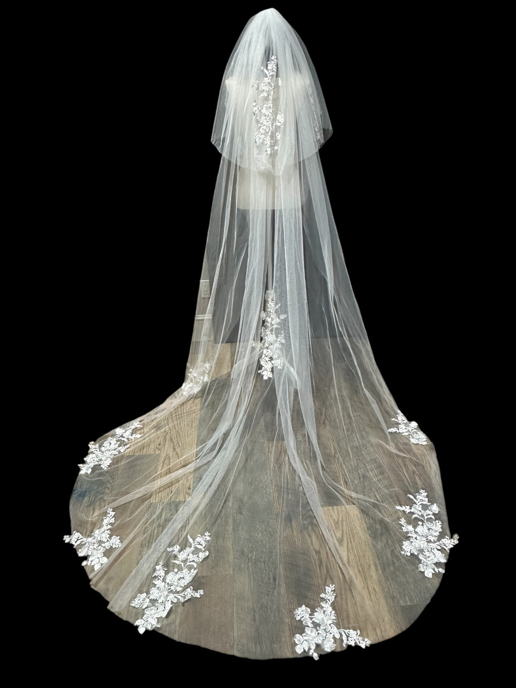 Cathedral Wedding Veil with Blusher – Lace Appliqué Bridal Veil, Soft Tulle Long Train
