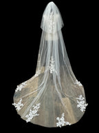 Cathedral Wedding Veil with Blusher – Lace Appliqué Bridal Veil, Soft Tulle Long Train
