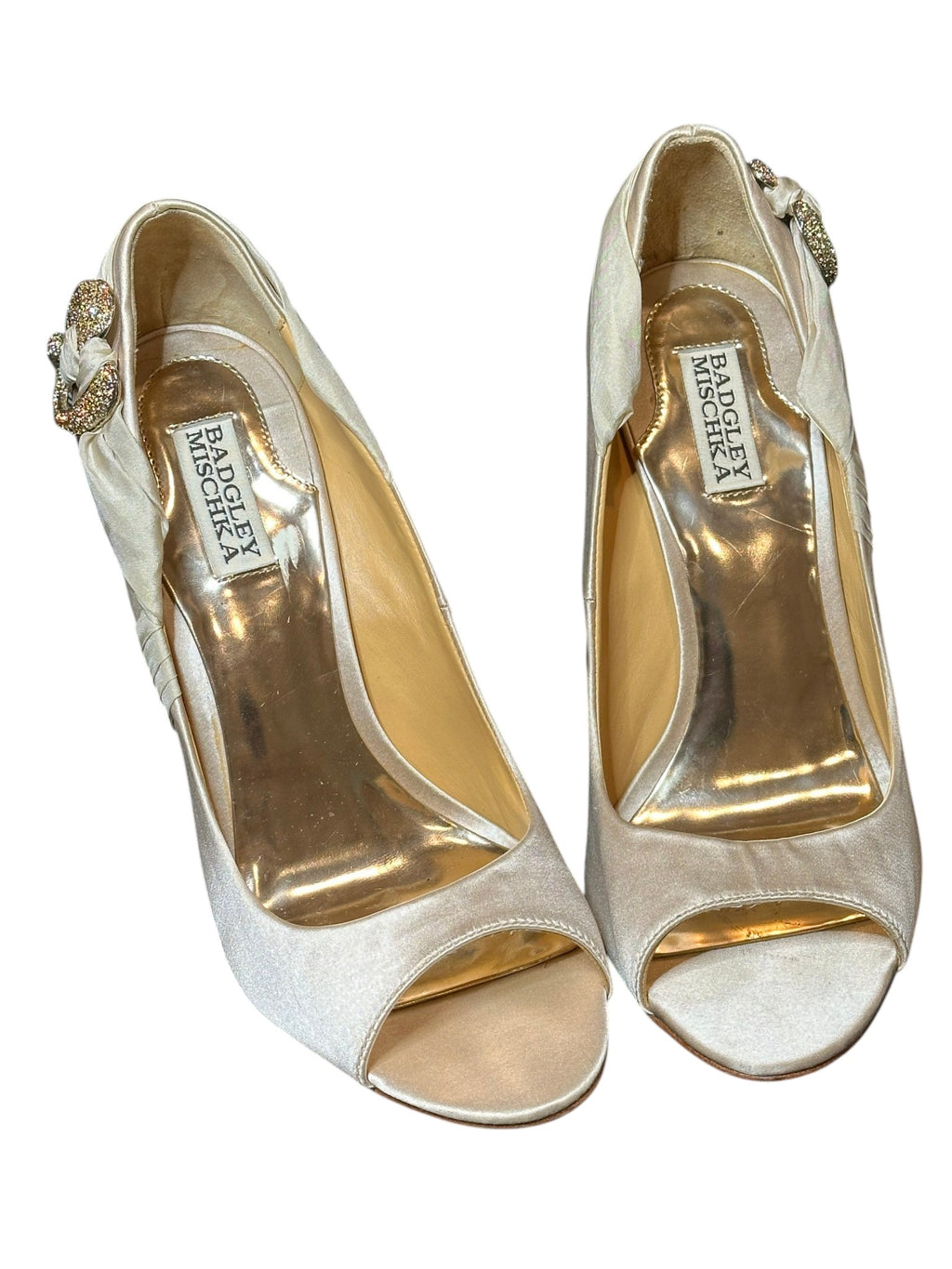 Badgley Mischka Vero Cuoio Champagne Satin Heels – Crystal Embellished Peep Toe Pumps- SIZE 10